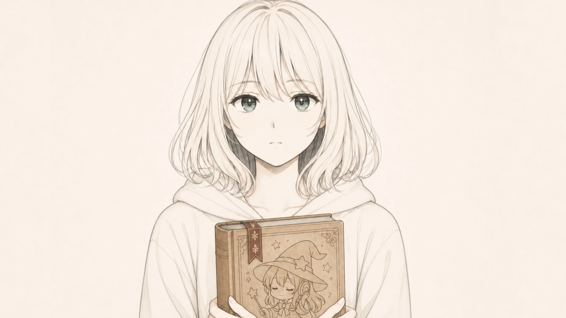 本を抱えて立つ、マカロニの創作姿勢を表したイラスト