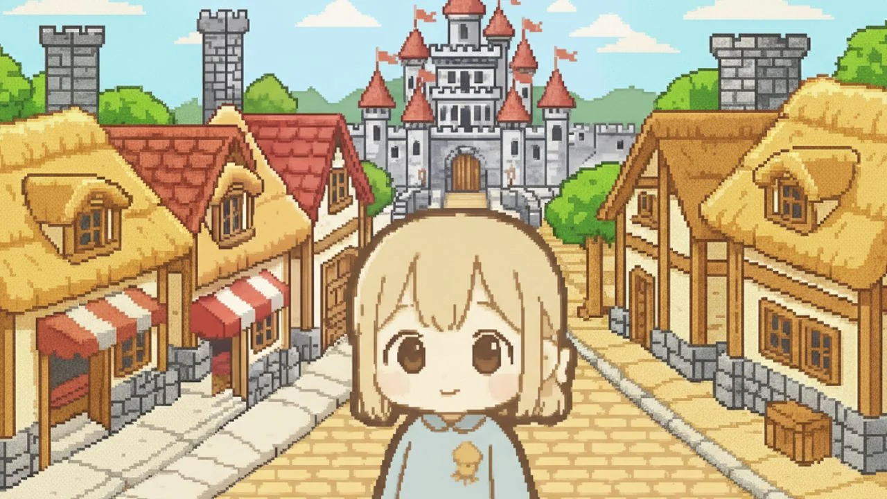 ピクセルで描かれた町に立つモブちゃん